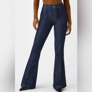 SPANX Pintuck Front Seams Flare Leg Pull-On Bootcut Jeans Sz Medium Raw Indigo
